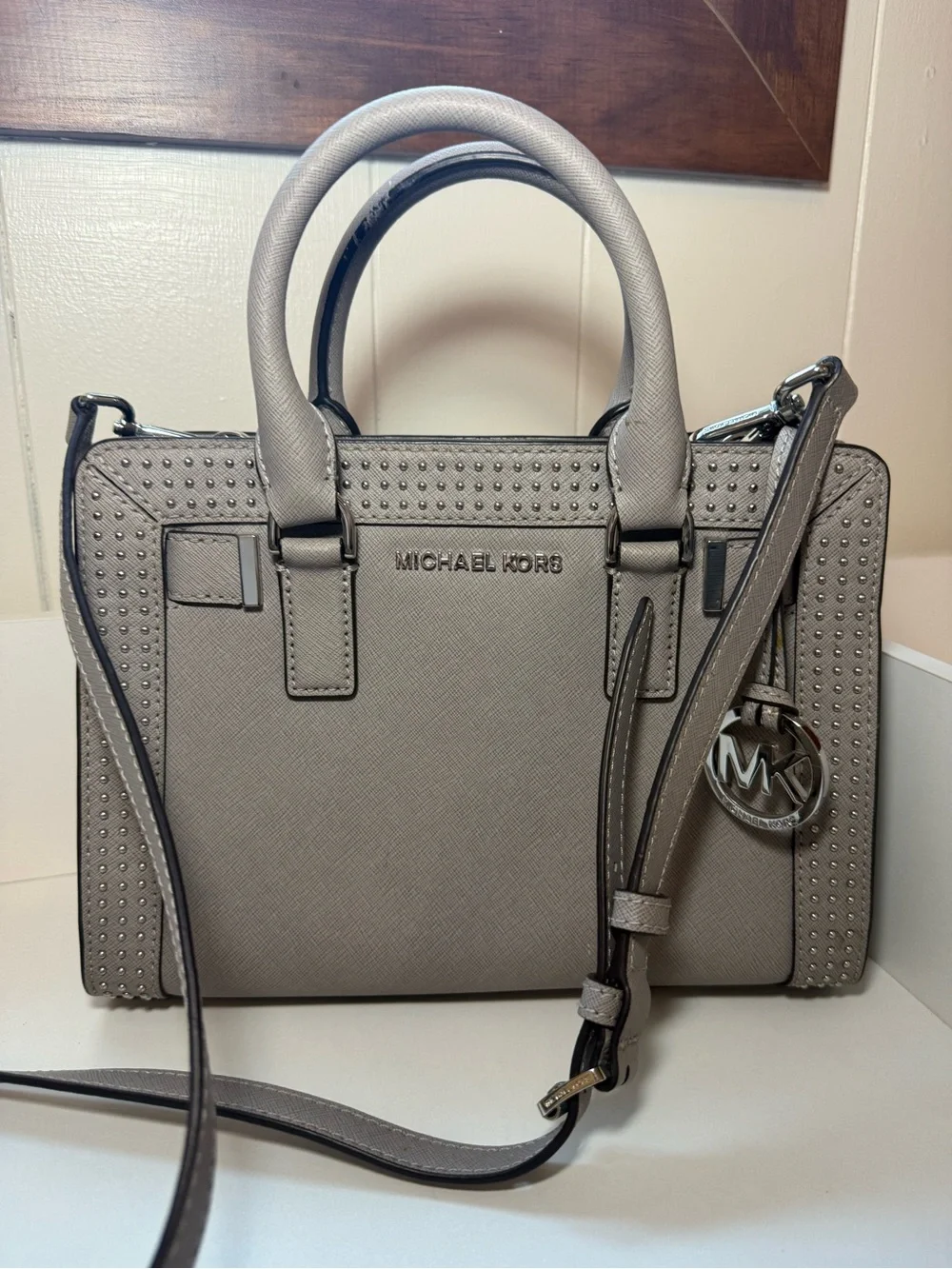 Michael Kors Silver-Gray Saffiano Leather Studded Satchel